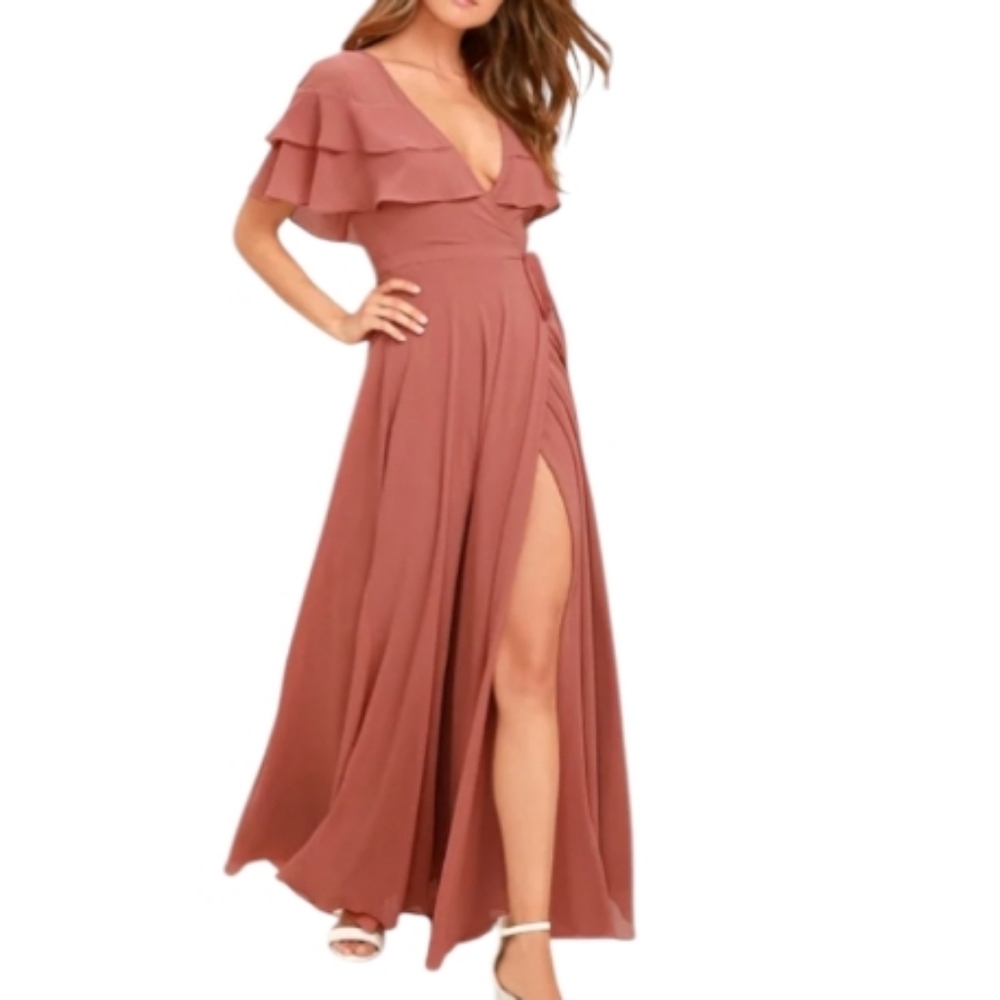Lulu's Wonderful Day Rusty Rose Wrap Maxi With Ruffle Sleeves Dress